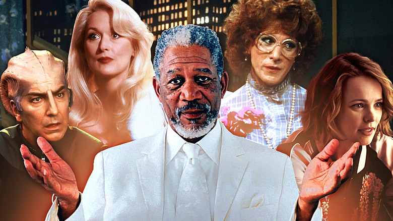 (L-R) Alexander Dane as Dr. Lazarus (Alan Rickman) in Galaxy Quest (1999), Madeline Ashton (Meryl Streep) in Death Becomes Her (1992), God (Morgan Freeman) in Bruce Almighty (2003), Dorothy Michaels (Dustin Hoffman) in Tootsie (1982), and Annie Davis (Rachel McAdams) in Game Night (2018).