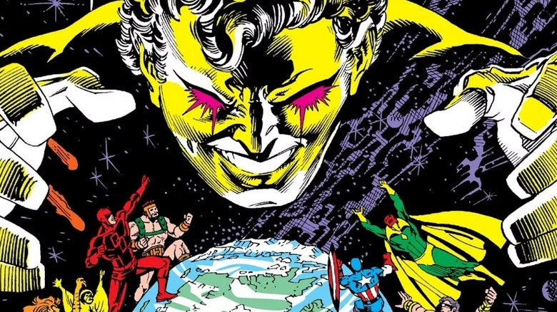 Beyonder hovers menacingly over the world on the cover of Secret Wars II #3