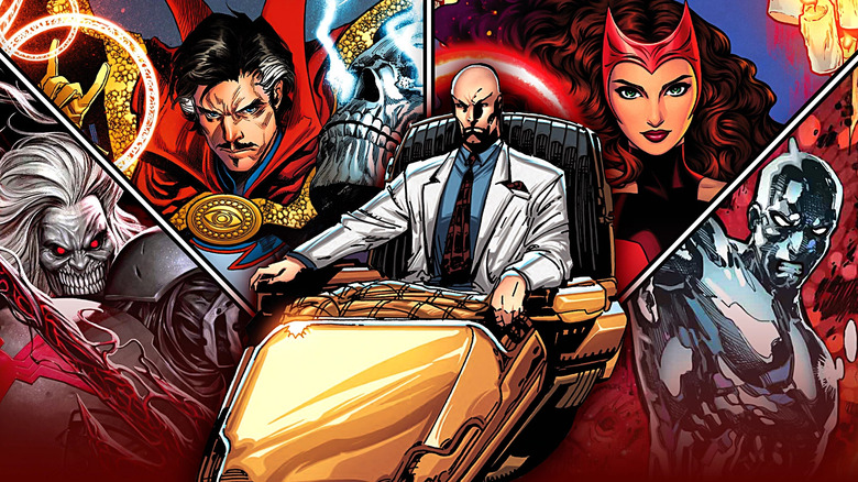 A collage of comic book images with Professor X surrounded by Knull, Doctor Strange, Scarlet Witch, and Silver Surfer