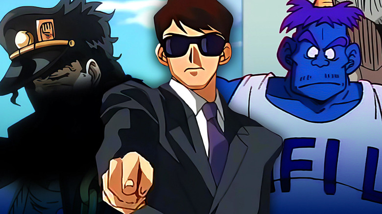A collage of a partially obscured Jotaro Joestar in JoJo's Bizarre Adventure: Stardust Crusader, a man awkwardly pointing in Yu-Gi-Oh! Duel Monsters, and an ogre wearing a HFIL shirt in Dragon Ball Z
