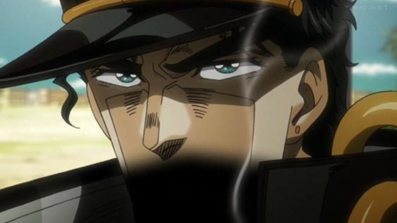 Jotaro Joestar smokes with the bottom half of his face blackened in JoJo's Bizarre Adventure: Stardust Crusaders