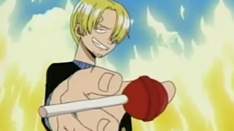 Sanji holds an awkwardly rendered lollipop in One Piece