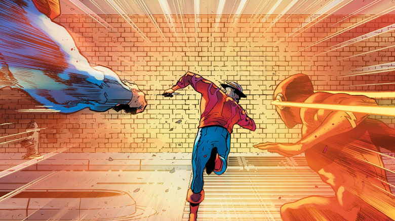 Jay Garrick races toward a wall, chased by Superman and the Flash