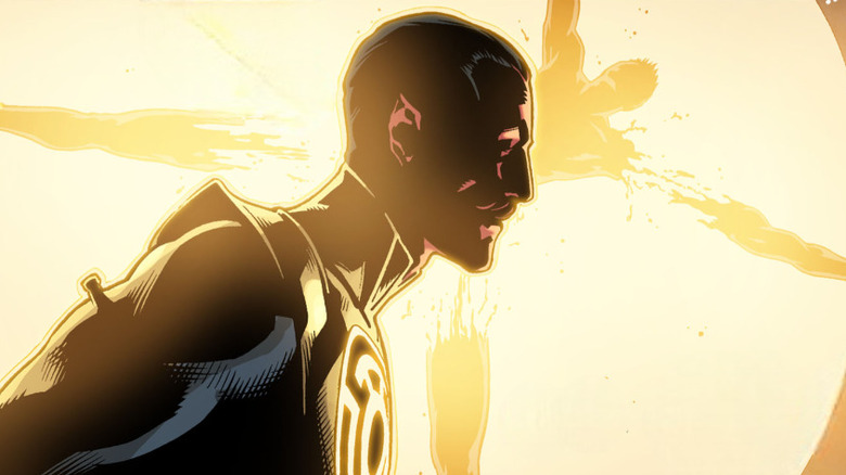 Sinestro hoves in front of Kyle Rayner's body, being torn apart behind him