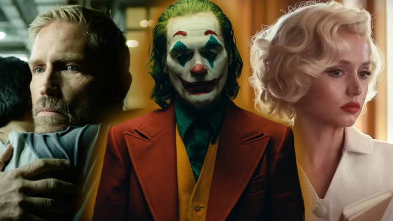 Joaquin Phoenix as Joker flanked by Jim Caviezel in Sound of Freedom and Ana de Armas in Blonde