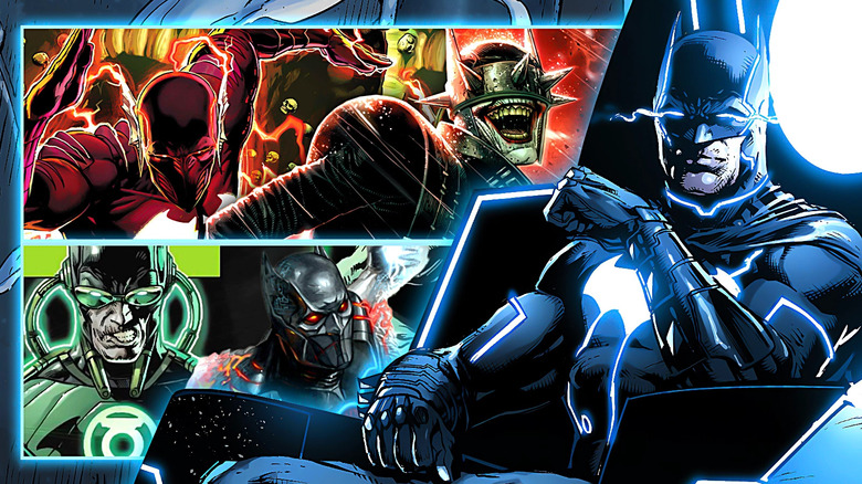 Images of Red Death, The Batman who Laughs, Dawnbreaker, and Murder Machine edited behind Batman in the Mobius chair