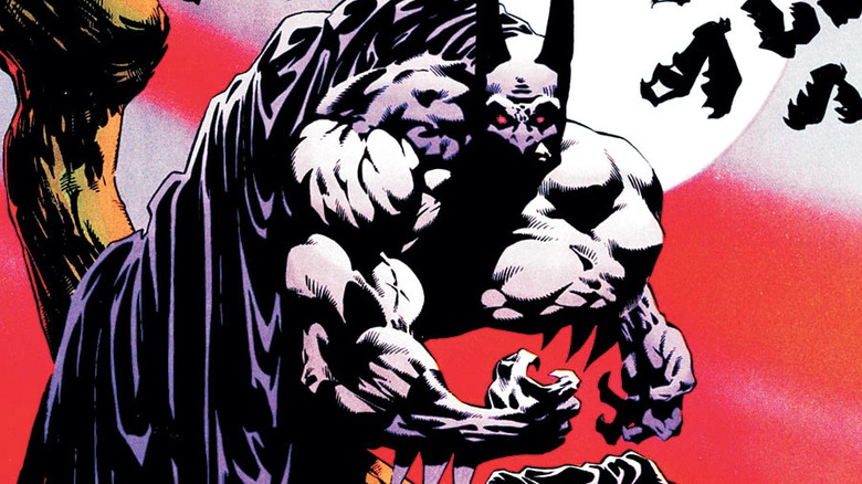 Batman with glowing red eyes, surrounded by bats