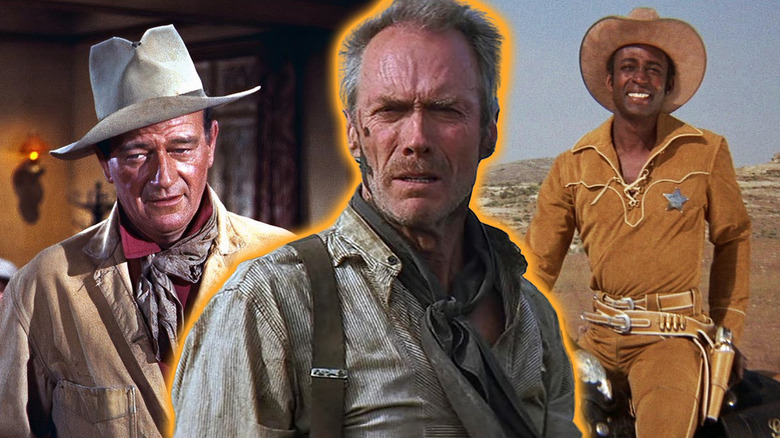 Images of John Wayne in Rio Bravo and Cleavon Little in Blazing Saddles around Clint Eastwood in Unforgiven in a composite image