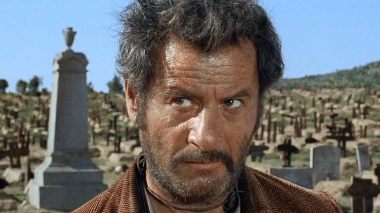 Tuco Ramírez (Eli Wallach) glances up suspiciously in a graveyard in The Good, the Bad, and the Ugly