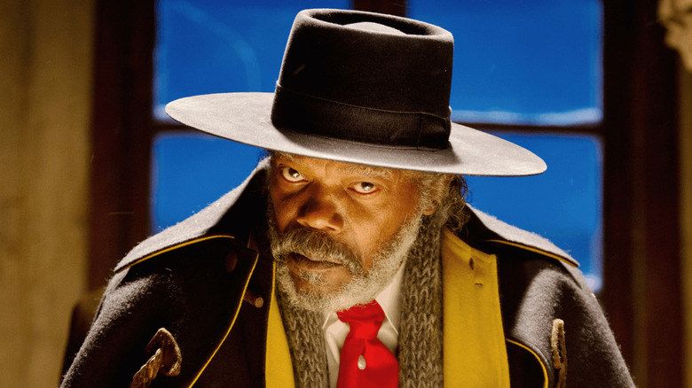 Marquis Warren (Samuel L. Jackson) looks up into the camera in The Hateful Eight