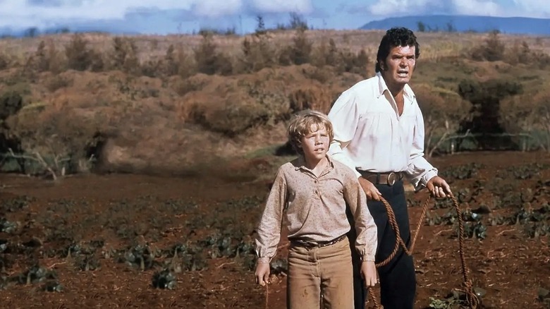 Eric Shea as Booten and James Garner as Lincoln eyeballing some cows in The Castaway Cowboy