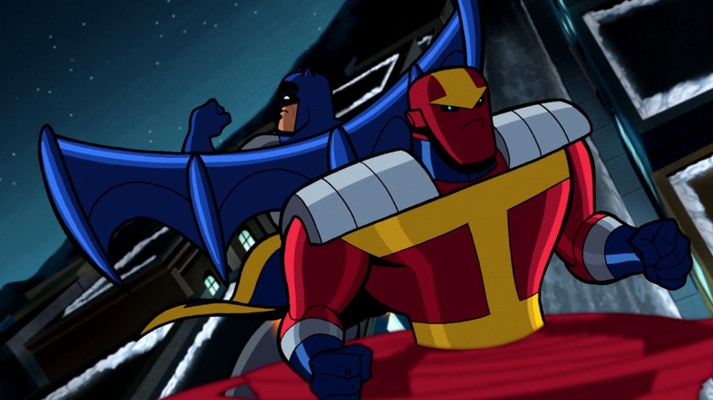 Batman (Diedrich Bader) flies with wings alongside Red Tornado (Corey Burton) in Batman: The Brave and The Bold