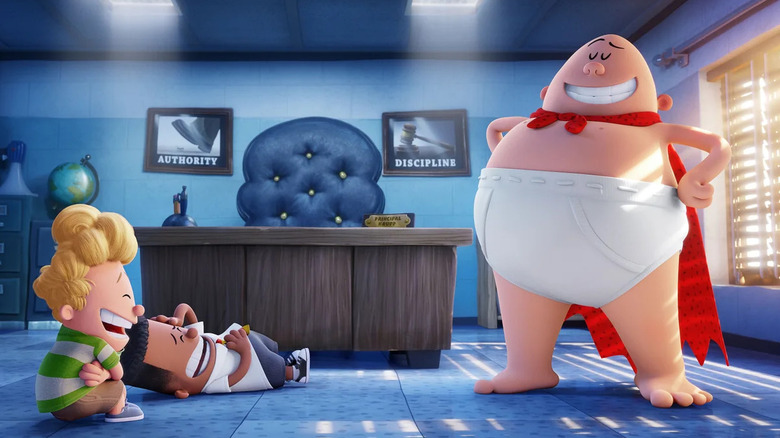 Harold (Thomas Middleditch) and George (Kevin Hart) laugh at Captain Underpants (Ed Helms) in Captain Underpants: The First Epic Movie