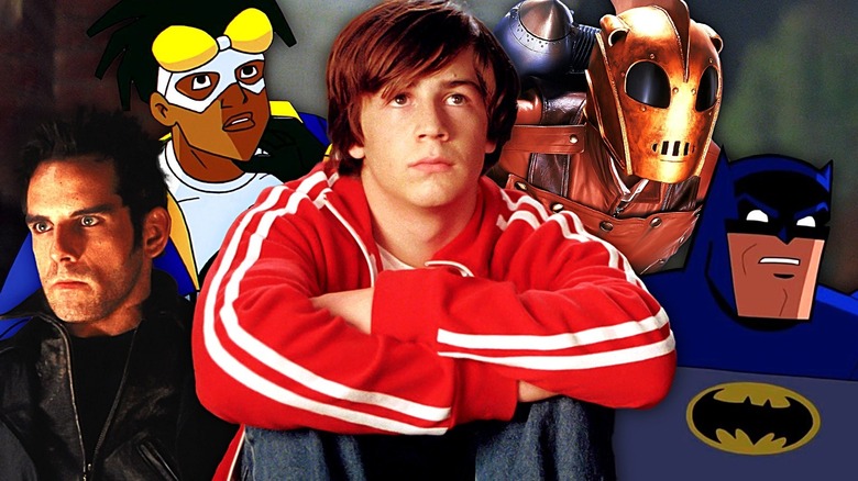 Mr. Furious (Ben Stiller) from Mystery Men, Static Shock from Static Shock, Will Stronghold (Michael Angarano) from Sky High, The Rocketeer (Bill Campbell) from The Rocketeer, and Batman (voiced by Deidrich Baker) in Batman: The Brave and the Bold