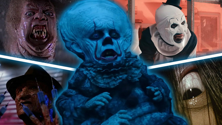 Pennywise (Bill Skarsgård) surrounded by Freddy Krueger (Robert Englund), the Thing, Art the Clown (David Howard Thornton), and Sadako (Rie Inō)