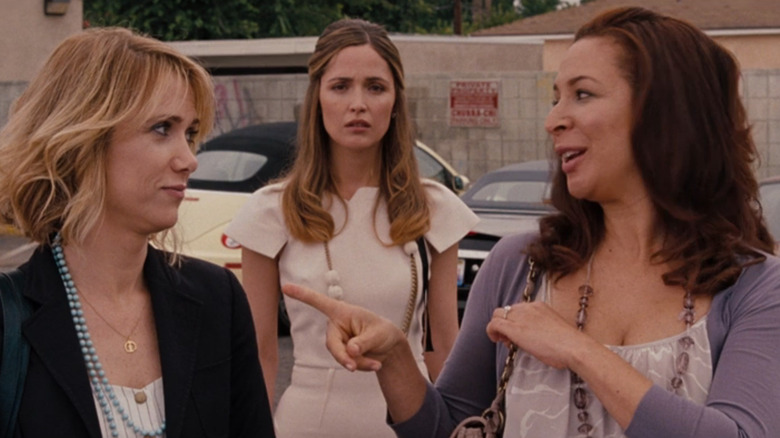 Annie (Kristen Wiig), Lillian (Maya Rudolph), and Helen (Rose Byrne) talk in a sketchy parking lot in Bridesmaids