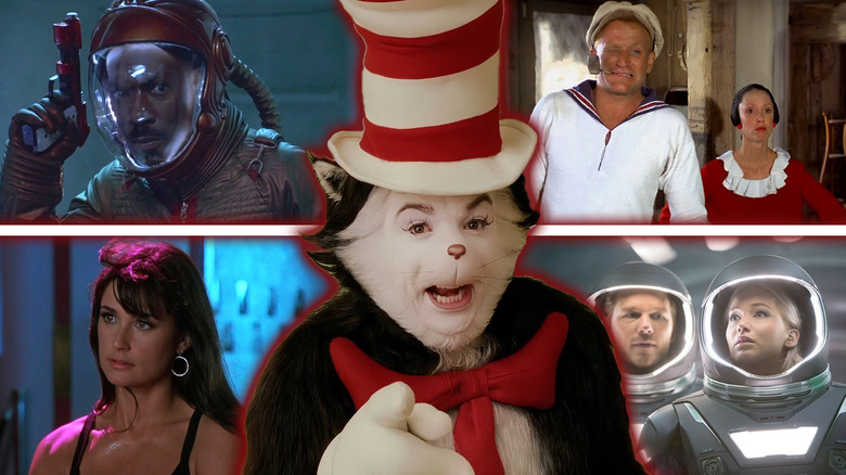 Mike Myers as the Cat in the Hat in front of screenshots of Eddie Murphy as Pluto Nash, Robin Williams and Shelly Duvall as Popeye and Olive Oyl, Demi Moore as Erin Grant from Striptease, and Chris Pratt and Jennifer Lawrence as Jim and Aurora from Passengers