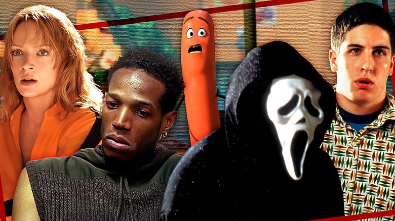Uma Thurman, Marlon Wayans, Frank the Hot Dog, Ghostface, and Jason Biggs in a collage.