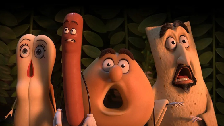 Frank Frankfurter, Brenda Bunson, Sammy Bagel Jr. and Lavash look horrified in Sausage Party.