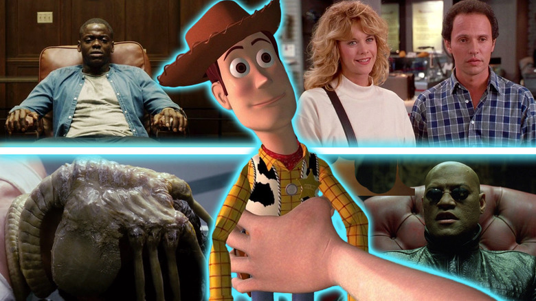 A collage featuring Woody from Toy Story, Morpheus from The Matrix, Chris from Get Out, Harry and Sally from When Harry Met Sally, and the facehugger from Alien