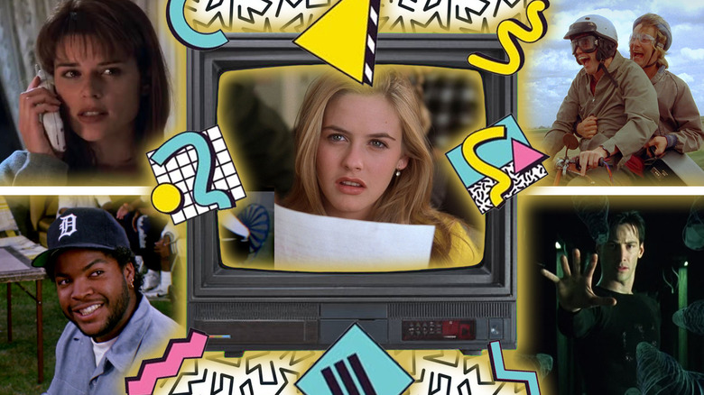A collage of Cher Horowitz (Alicia Silverstone) in Clueless on TV surrounded by Doughboy Baker (Ice Cube) in Boyz n the Hood, Sidney Prescott (Neve Campbell) in Scream (1996), Lloyd Christmas (Jim Carrey) and Harry Dunne (Jeff Daniels) in Dumb and Dumber, and Neo (Keanu Reeves) in The Matrix