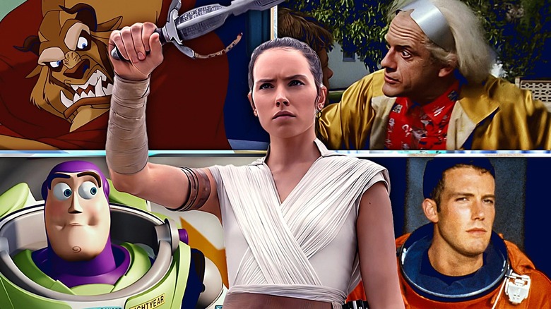 Daisy Ridley as Rey surrounded by Beast from Beauty and the Beast, Christopher Lloyd as Doc Brown in Back to the Future, Buzz Lightyear in Toy Story, and Ben Affleck as AJ in Armageddon