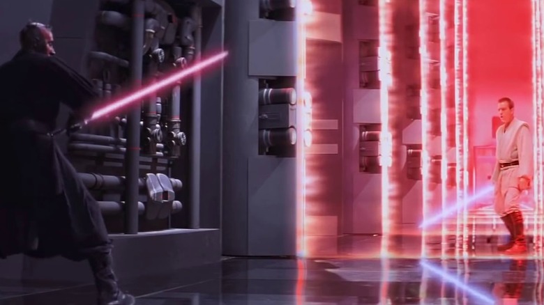 Ray Park as Darth Maul prepares to fight Ewan McGregor as Obi-Wan Kenobi in Star Wars: Episode 1 - The Phantom Menace