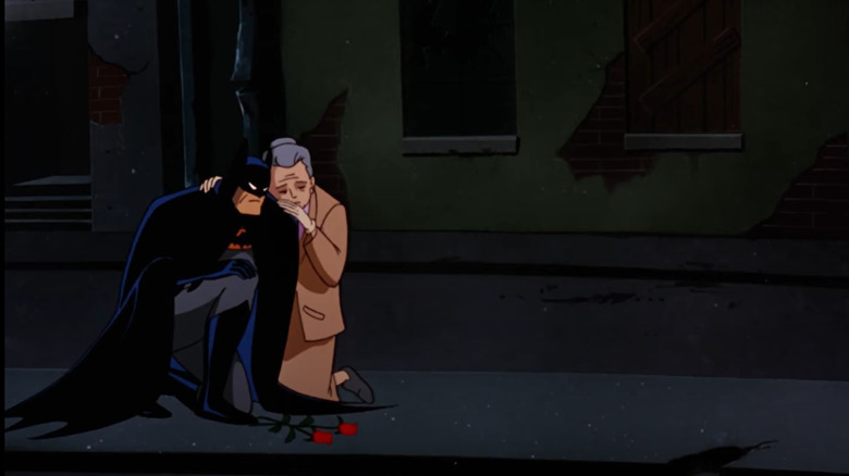 Dr. Leslie Thompkins comforting Batman