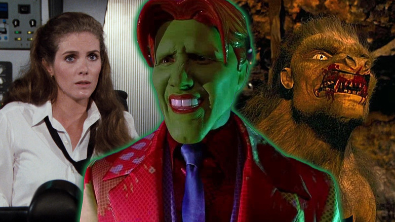 A collage of Tim Avery (Jamie Kennedy) transformed as the Mask in Son of the Mask in the center with Elaine Dickinson (Julie Hagerty) in Airplane II: The Sequel on the left and a CGI werewolf in An American Werewolf in Paris on the right