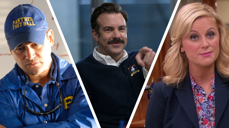 Kyle Chandler in Friday Night Lights, Jason Sudeikis in Ted Lasso, and Amy Poehler in Parks & Recreation