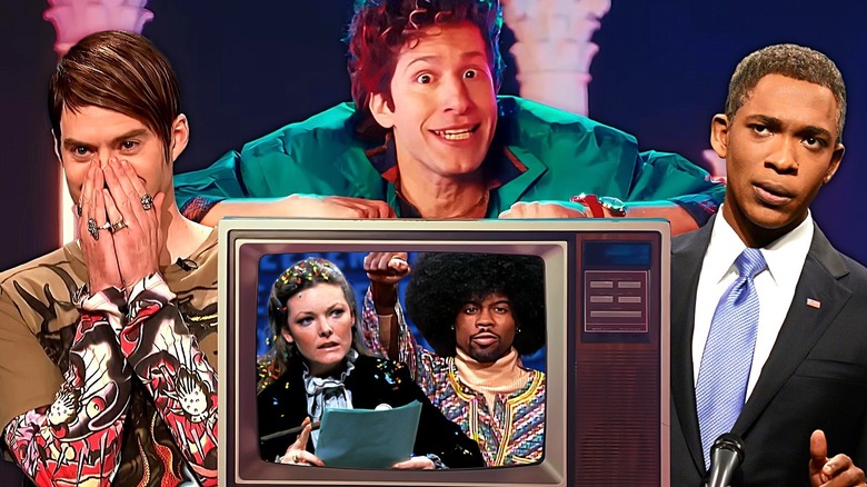 Bill Hader as Stefon and Jay Pharoah as Obama flanking Andy Samberg in '80s garb for the Anxiety digital short sitting on a TV with Jane Curtin and Chris Rock on it, all from SNL sketches
