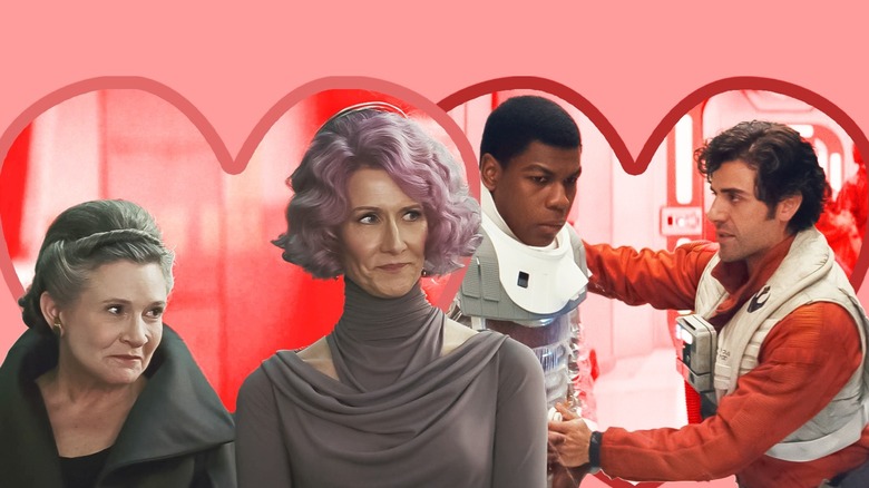 Leia, Amilyn, Finn, and Poe with a valentine-themed backdrop