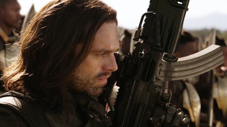 Sebastian Stan as Bucky armed and ready to fight in Avengers: Infinity War