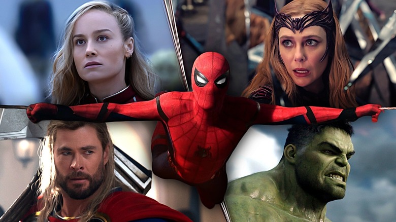 Spider-Man from Homecoming in the center holding out webs flanked by Brie Larson as Carol Danvers from The Marvels, Elizabeth Olsen as Scarlet Witch from Multiverse of Madness, Chris Hemsworth as Thor from Love & Thunder, and The Hulk from The Avengers