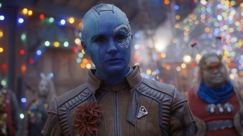 Karen Gillan Nebula surrounded by Christmas lights in The Guardians of the Galaxy Holiday Special