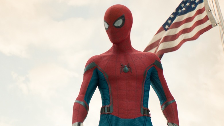 Spider-Man standing in front of the American flag in Spider-Man Homecoming