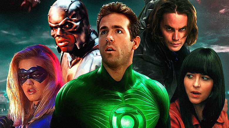 Composite image of Alicia Silverstone's Batgirl from Batman & Robin, Shaquille O'Neal's John Henry Irons from Steel, Ryan Reynolds' Hal Jordan from Green Lantern, Taylor Kitsch's Gambit from X-Men Origins: Wolverine, and Dakota Johnson's Cassandra Webb from Madame Web