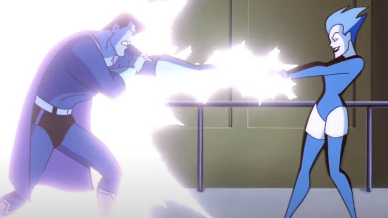 Superman withstands an electric attack from livewire in Superman: The Animated Series