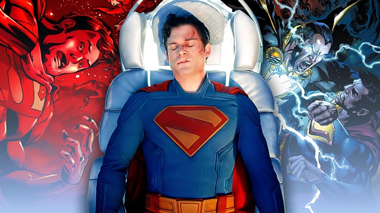 David Corenswet as Superman looking hurt in medical chair next to other images of Superman looking vulnerable
