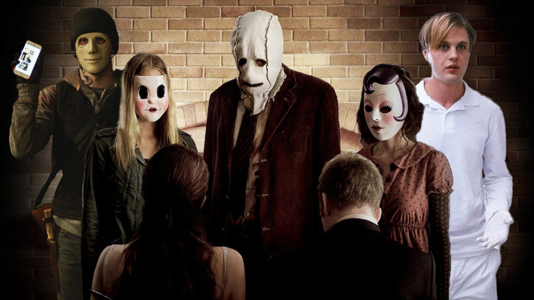 Composite image of John Gallagher Jr. as masked man holding up phone in Hush, Gemma Ward in doll mask, Kip Weeks in brown suit and cloth mask, Laura Margolis as pin-up mask, standing in front of Liv Tyler as Kristen and Scott Speedman as James (faces turned away from camera in Hush), and Michael Pitt as as Paul in white pants, shirt, and gloves in Funny Games