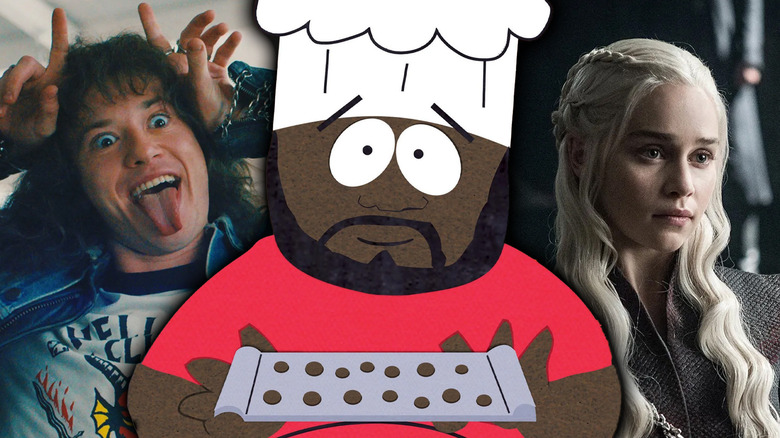 Chef from South Park, surrounded by Daenerys Targaryen in Game of Thrones and Eddie Munson in Stranger Things in a composite image