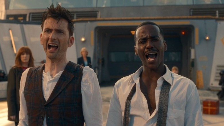 David Tennant and Ncuti Gatwa as the Tenth and Fifteenth Doctor yelling in Doctor Who