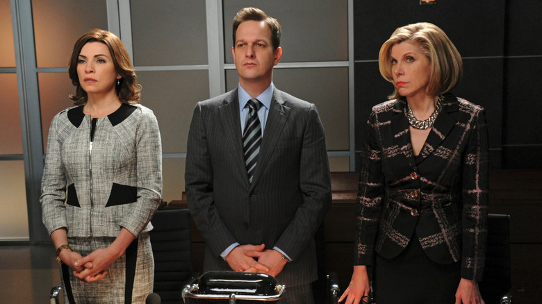 Alicia Florrick (Julianna Marguiles), Will Gardner (Josh Charles), and Diane Lockhart (Christine Baranski) stand in an office in The Good Wife