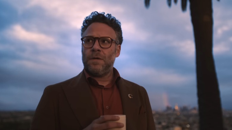 Seth Rogen as Matt Remick standing under the Los Angeles sky and looking worriedly to his right on The Studio