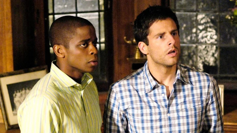 Gus Guster (Dulé Hill) and Shawn Spencer (James Roday Rodriguez) look up in shock in Psych