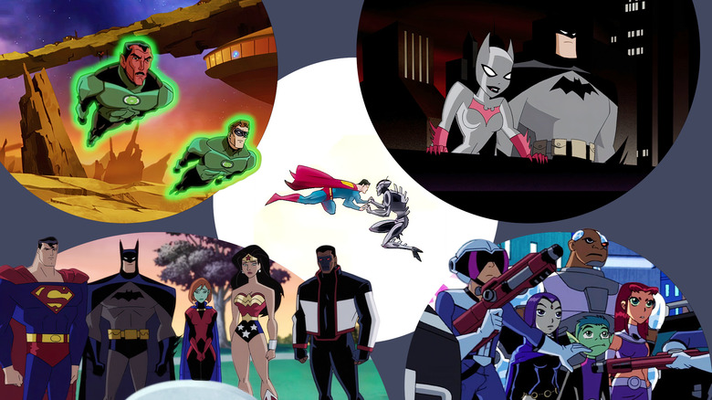 Green Lantern flying, Batwoman and Batman standing, Justice League standing, Teen Titans standing