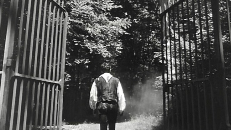 Man walks through gates