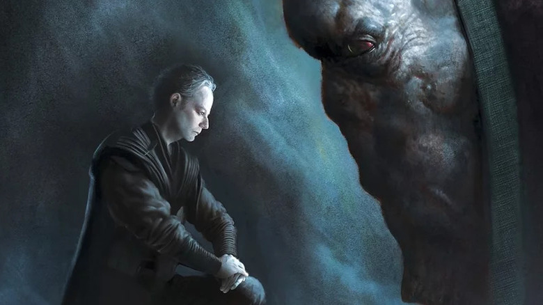 Palpatine kneeling before Plagueis on the cover of Star Wars: Darth Plagueis