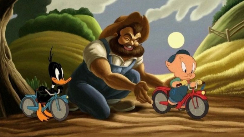 Farmer Jim teaching Daffy and Porky to ride bikes in The Day The Earth Blew Up