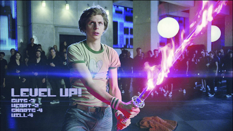 Scott Pilgrim holding a flaming sword